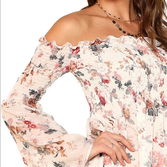 Floral Print Off Shoulder Trumpet Sleeve Dress - Picture 3 of 7